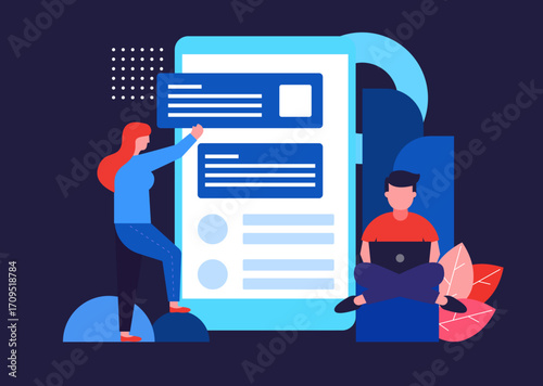 vector illustration of a man with a briefcase  A person in a blue top interacting with a large document - like screen, a man in a red top using a laptop, on a dark blue background