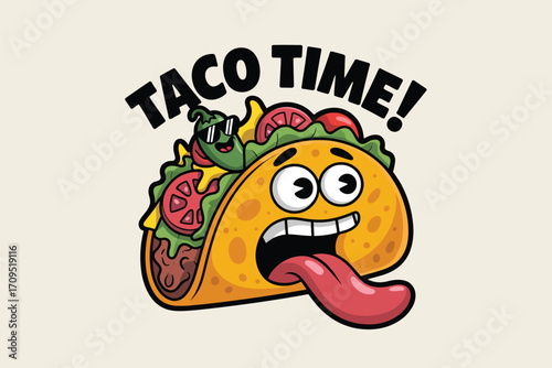 Cartoon taco with face and tongue sticking out, accompanied by the text taco time above it