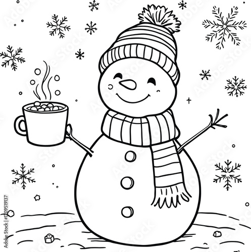 Cute snowman with scarf, hat, and hot cocoa—black and white winter illustration with snowflakes for festive themes