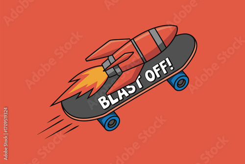 Illustration of a red rocket with flames attached to a skateboard with the words blast off on it