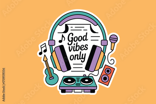 A sticker featuring headphones, a microphone, a guitar, and a dj mixer with good vibes only text