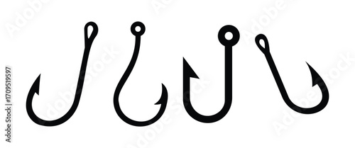 “Fishing Hook Icons Set – Bold, Silhouette and Outline Vector Collection for Angling, Logo and Outdoor Design”