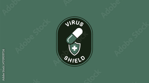 A virus shield logo with a capsule pill over a shield on a green background in a simple design
