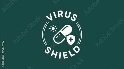 A white virus shield logo with a capsule, shield, and sun on a dark green background in a circle