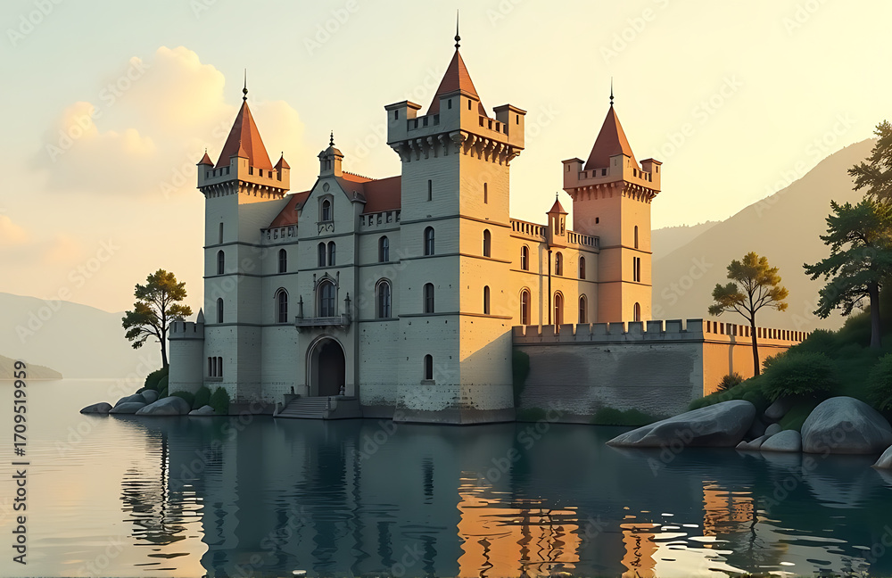 Fototapeta premium majestic castle stands proudly water edge weathered stone façade glowing warmly soft golden sunlight