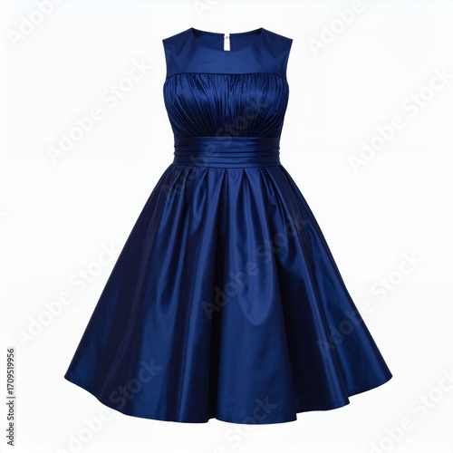 Elegant navy blue dress with pleated bodice on a clean white backdrop offers versatility