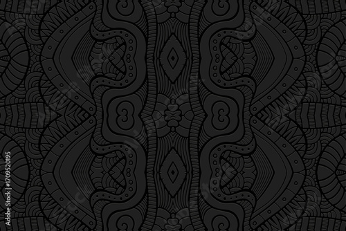 Ethnic black background, banner, tribal cover design, mural. Geometric embossed abstract boho pattern. Handmade in doodling, zentangle style. Motifs of the East, Asia, India, Mexico, Aztec, Peru.