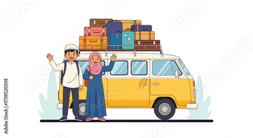 A family prepares for a long journey in their packed vintage van.