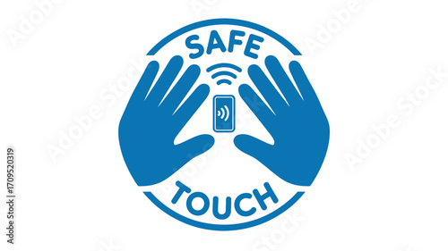 A blue and white logo with two hands and a mobile phone with wifi symbol and the words safe touch