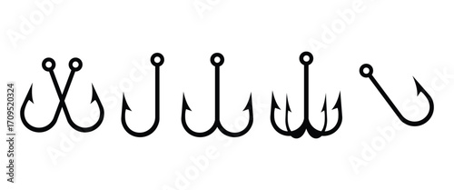 “Fishing Hook Icons Set – Bold, Silhouette and Outline Vector Collection for Angling, Logo and Outdoor Design”