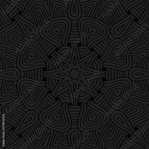 Ethnic black background, banner, tribal cover design, fresco. Geometric embossed original pattern, ornament, mandala, logo. Motifs of the East, Asia, India, Mexico, Aztec, Peru.