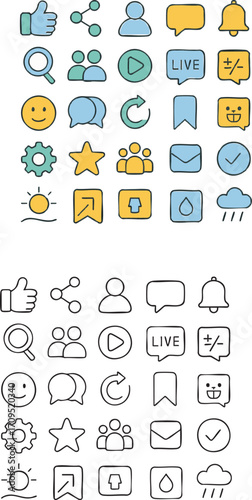 Handdrawn social media icons for web design.