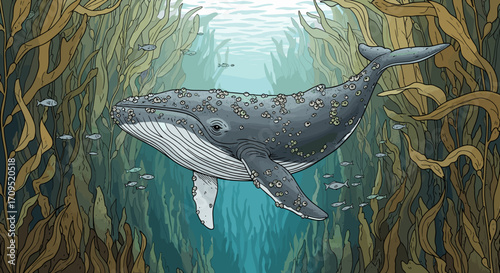 Whale swimming through kelp forest in underwater illustration