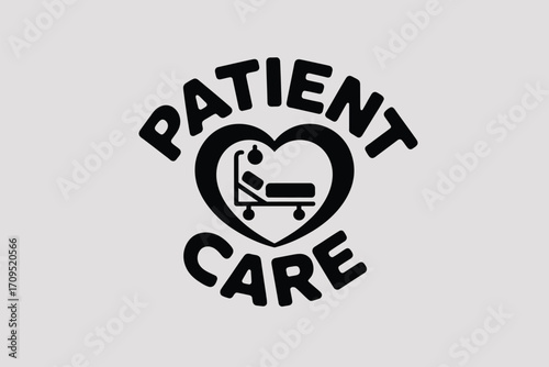 The image shows a black and white logo with the words patient care and a heart with a hospital bed inside