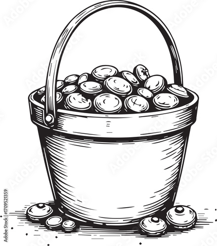 Overflowing Bucket : A detailed ink drawing captures a charming bucket overflowing, evoking wealth and abundance. spilling at the base.