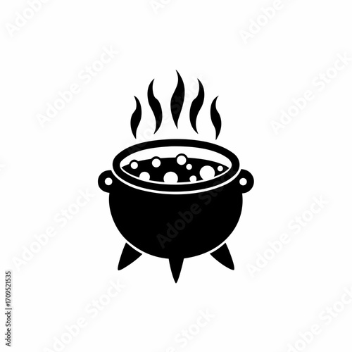 Black witch cauldron with potion, vector illustration