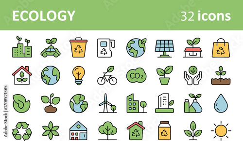 Set of ecology icons representing environmental concepts