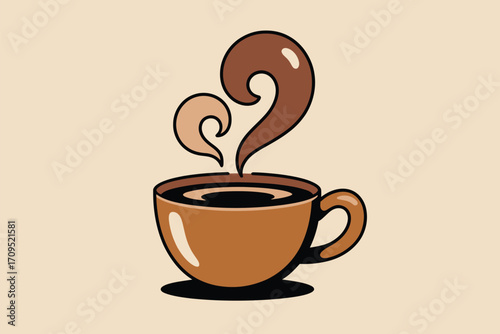A cartoon illustration of a steaming cup of coffee with brown and tan swirls on a beige background