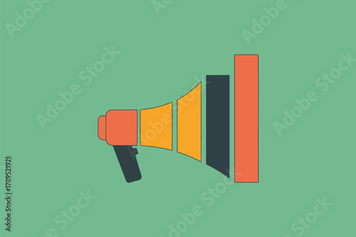 A graphic illustration of a megaphone with segmented sound waves on a light green background design