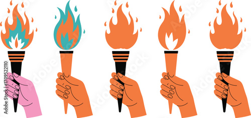 Hands holding torches with flames in different colors