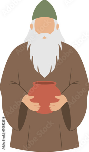 Minimalist Flat Wizard Holding Clay Pot Simple Illustration Graphic