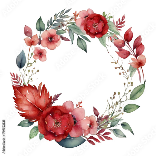 Watercolor Floral Wreath with Red and Pink Flowers and Green Leaves image photo