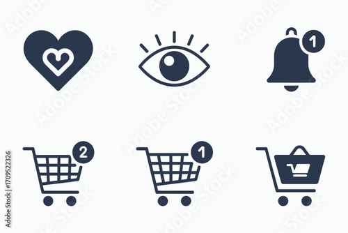 Illustration of a heart, an eye, a bell, and three shopping carts against a white background