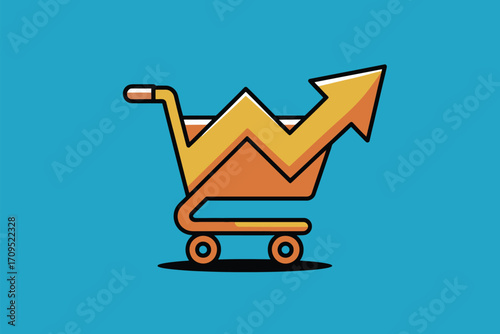 A cartoon image showing a shopping cart with an upward trending arrow inside on a blue background