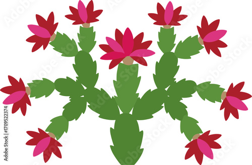 Flat Graphic Christmas Cactus with Red Flower Potted Plant Illustration