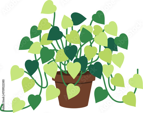Flat Style Simple Potted Pothos Plant With Green Heart Shaped Leaves