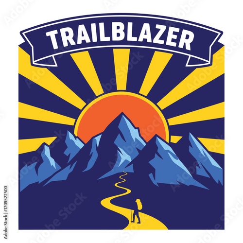 Mountaineer hiking towards sunset over mountains path