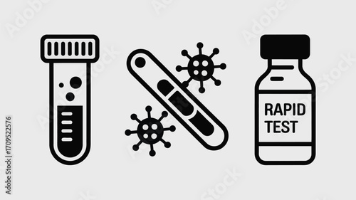 A black and white illustration of a test tube, rapid test and virus particles on a light background