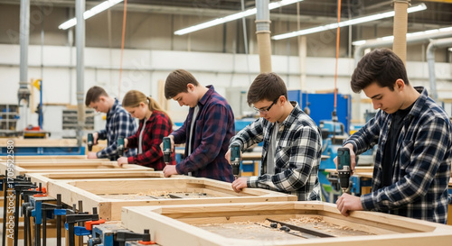Students drilling wood frames in workshop