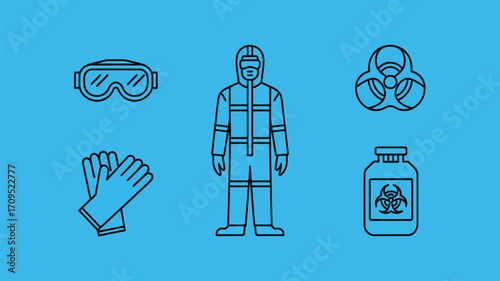 Illustration of hazmat suit, gloves, goggles, biohazard symbol, and biohazard container on blue background