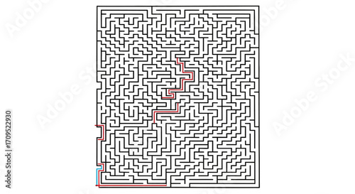 Complex maze with a red path showing the solution, representing challenges and problem-solving.