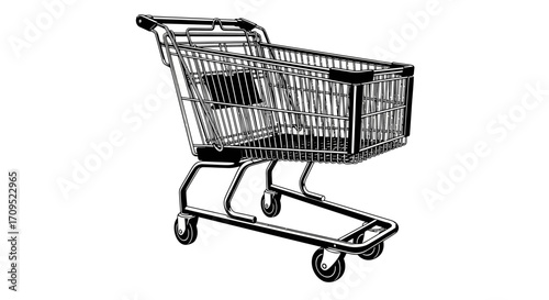 Empty metal shopping cart ready for groceries on a clean white background