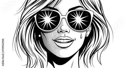 Stylish woman with sunglasses reflecting bright stars, radiating joy and wonder