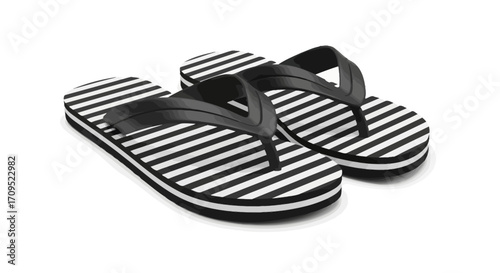 Stylish black and white striped flip-flops on a white background