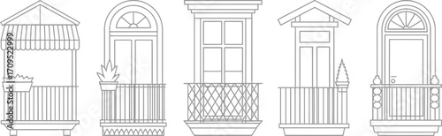 Line art illustration of five different balcony designs