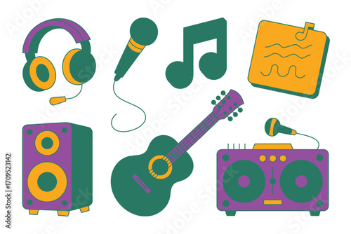 A colorful illustration of various music related equipment including headphones guitar and microphones