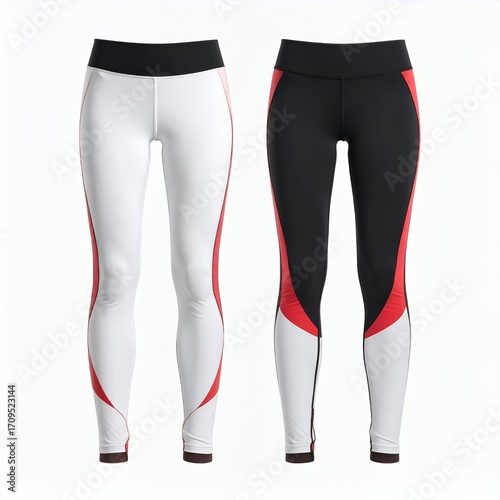 Two contrasting workout leggings showcase activewear apparel in a white background