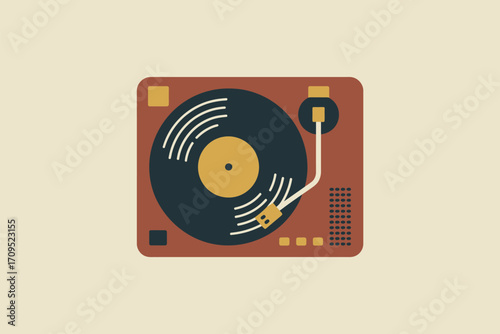 A flat vector illustration of a vintage record player with a vinyl record on a light beige background