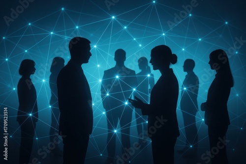 Connected Minds: A silhouetted group of individuals, seemingly lost in thought, interact beneath a digital network of illuminated connections.