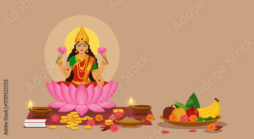 A serene flat design illustration depicting a minimalist puja setup for Goddess Lakshmi, symbolizing prosperity and wealth during Diwali. This vector art represents the spiritual aspect of the festivl