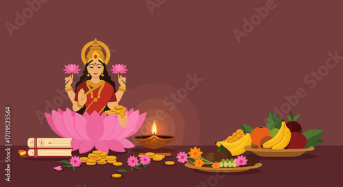 A serene flat design illustration depicting a minimalist puja setup for Goddess Lakshmi, symbolizing prosperity and wealth during Diwali. This vector art represents the spiritual aspect of the festivl