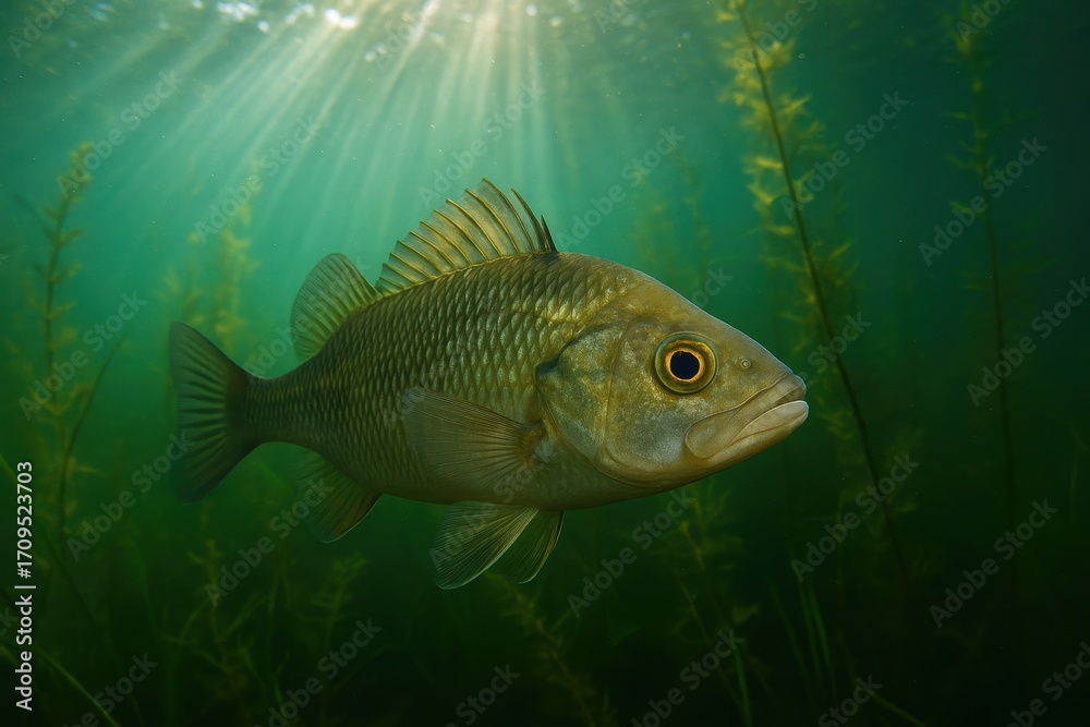 Fototapeta premium Underwater Luminescence: A solitary fish gracefully navigates the depths, its scales shimmering under a radiant beam of light, revealing the serene beauty of an aquatic realm.