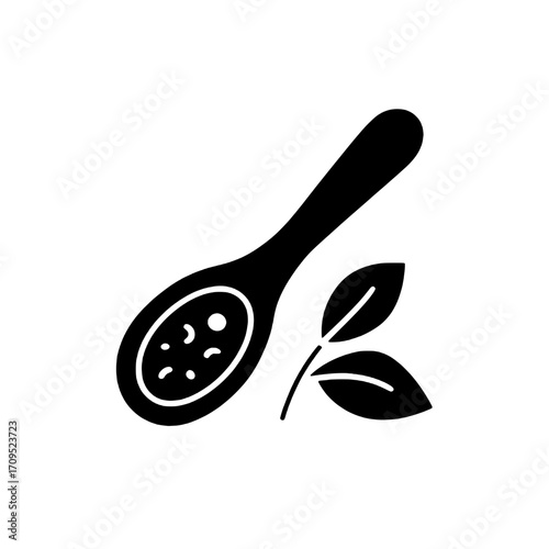 Herbal Health and Organic Cooking Icon Natural Ingredient Spoon with Fresh Green Leaves Symbol