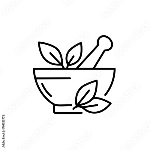 Herbal medicine mortar and pestle outline icon representing natural remedies and alternative healing