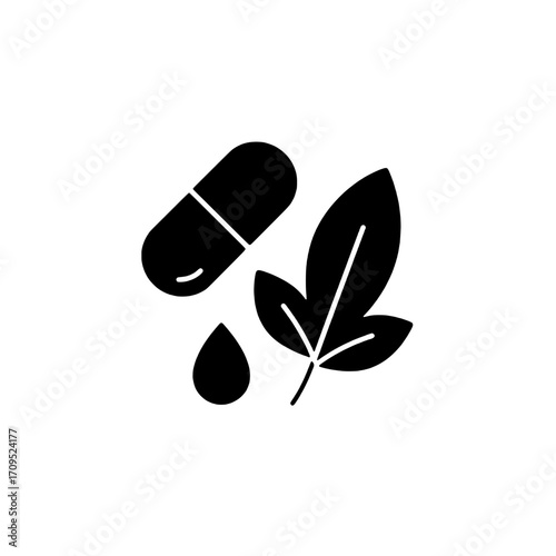 Herbal medicine and natural supplement glyph icon with capsule, leaf, and liquid drop for phytotherapy