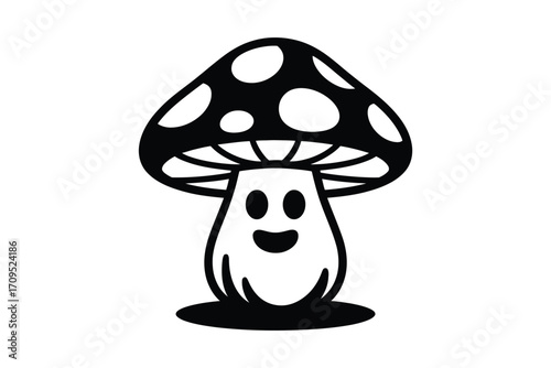 A black and white cartoon illustration of a mushroom with a smiling face on a white background